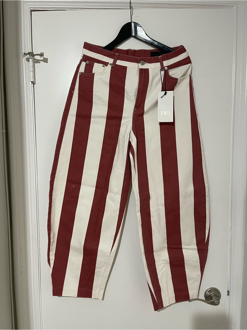 Zara Women Burgundy and White Striped Jeans